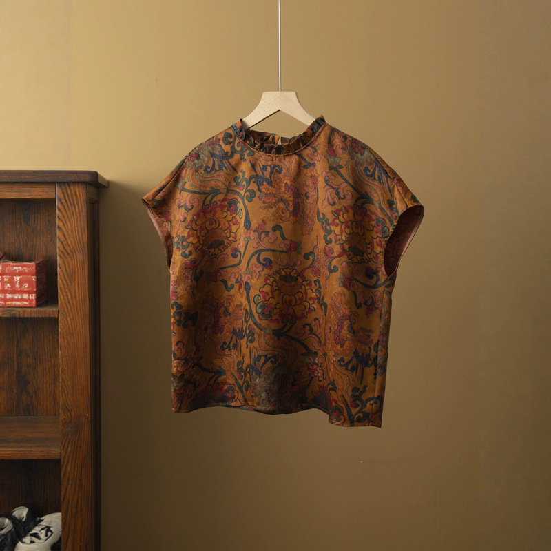 100% Mulberry Silk Floral Red Cloud Gauze Ruffled Stand Collar Jacquard Silk Blouse for Women, New Chinese Style Summer Top 100% Mulberry Silk Floral Red Cloud Gauze Ruffled Stand Collar Jacquard Silk Blouse for Women, New Chinese Style Summer Top
