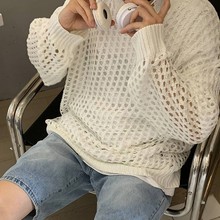 2023欧美秋季纯色镂空街头时尚针织衫女长袖百搭宽松上衣罩衫外套
