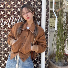 韩国ins秋日新款法式复古风百搭机车设计款拼接鹿皮绒短款外套女