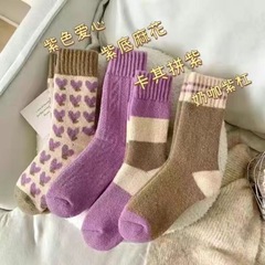 秋冬保暖紫色爱心拼色中筒袜女百搭双针毛圈袜