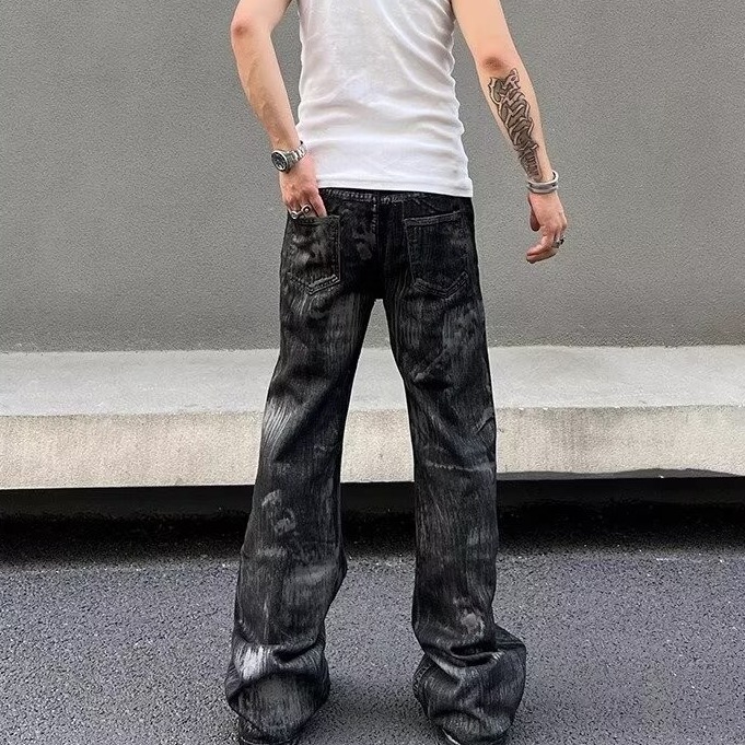Men's Retro Distressed Flared Jeans High Street Style Loose Fit Zipper Design Cool And Edgy Long Pants_mkmklike.com