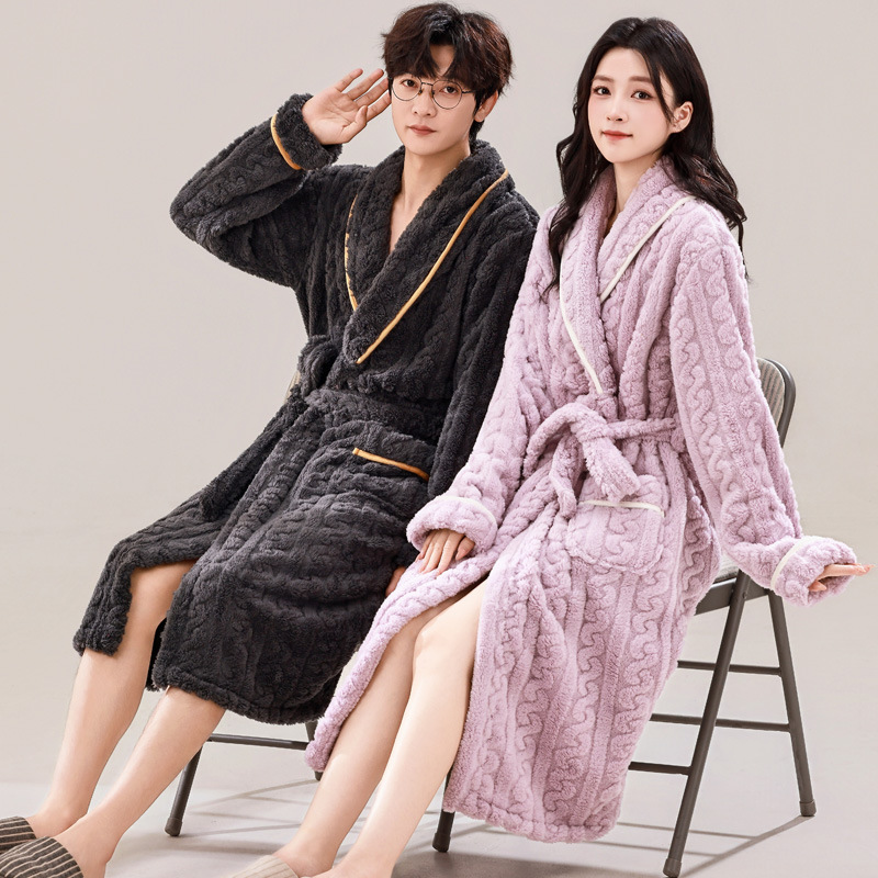 情侣睡袍抗静电珊瑚绒长款睡衣女秋冬季加厚法兰绒家居服浴袍男士