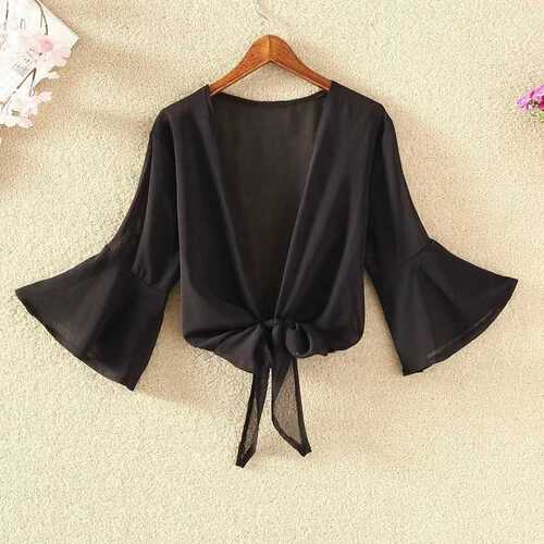 Summer Short-Sleeve Chiffon Scarf Collar Outerwear, Paired with Slip Dress, Women's Versatile Cover-up, Thin Open Cardigan