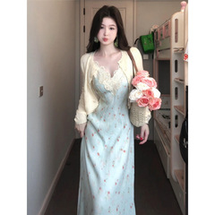 套装女春夏新款纯欲风蕾丝碎花吊带连衣裙收腰防晒长袖开衫潮