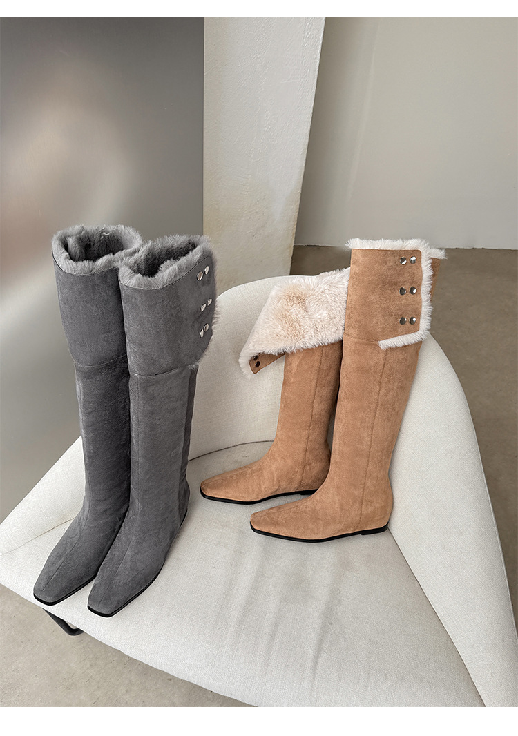 Boot tuyết nữ cổ cao ôm chân, lót lông dày, gót wedge nâng chiều cao, hai kiểu mang — màu xám chi tiết 28