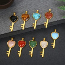 亚马逊新品天然紫水晶粉晶虎眼石爱心吊坠桃心合金钥匙项链批发