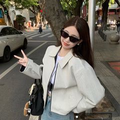 vibe风2025早春新款翻领条纹夹克双面穿长袖宽松短款外套通勤上衣