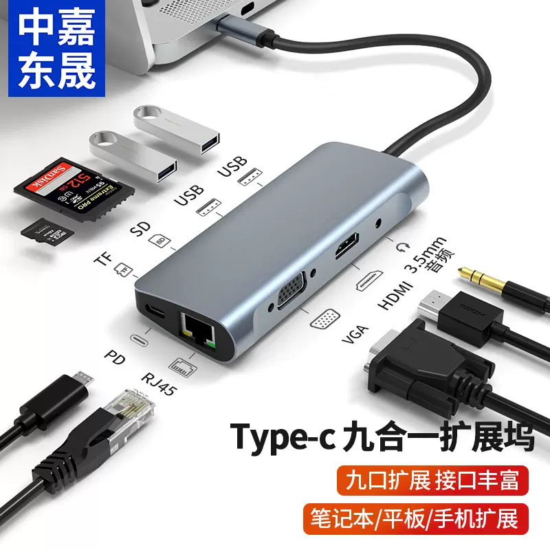 USB-C转HDMI/VGA分线器RJ45100M转接头带3.5音频9合1多屏异显