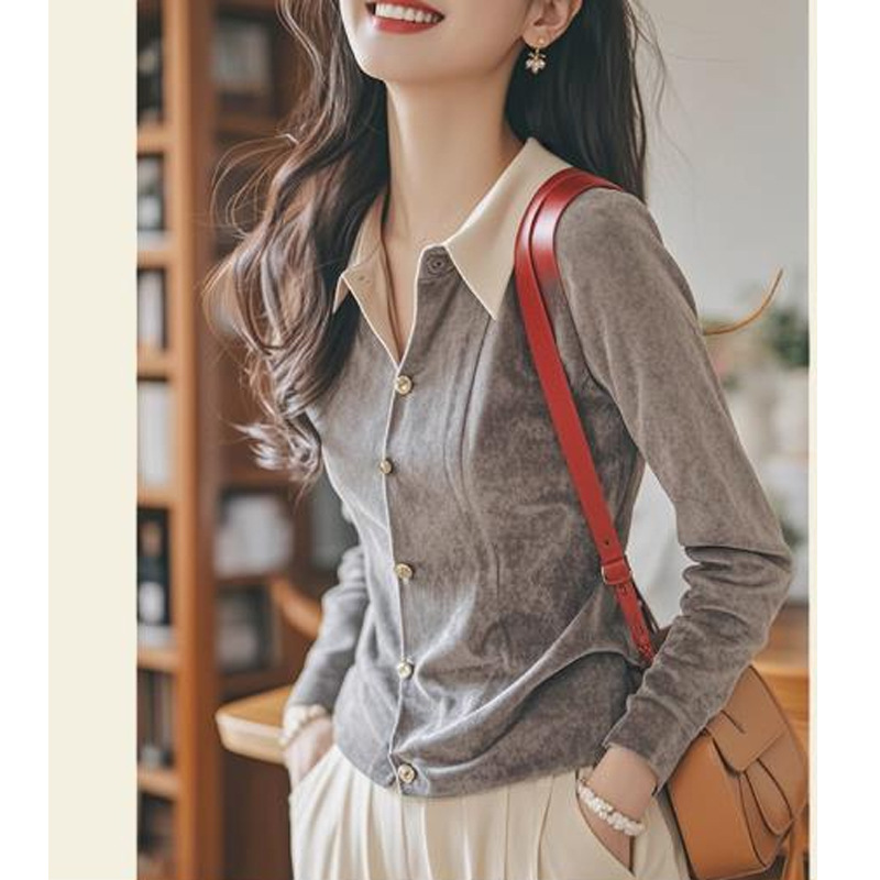 올해 인기있는 아름다운 작은 셔츠 독특한 세련된 외국 스타일의 나이 감소 탑 라이트 잘 익은 프랑스 회색 벨벳 셔츠 가을