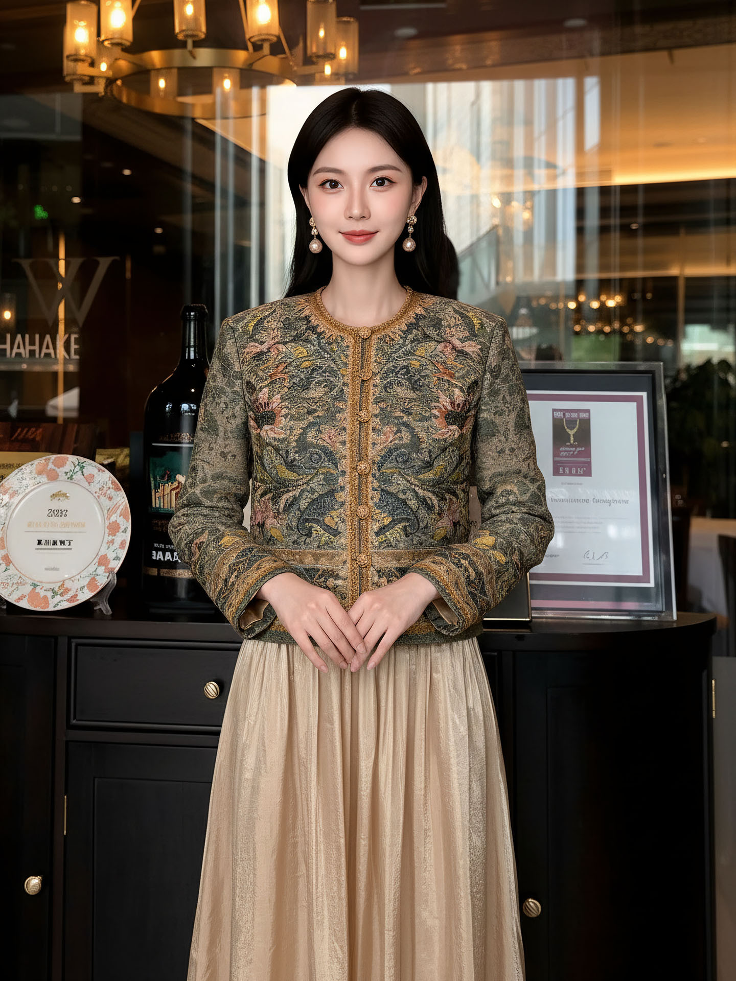 Bộ váy áo khoác + đầm maxi thắt eo phong cách Tân Trung Hoa, họa tiết jacquard nổi bật — nửa váy, Trang chủ, áo khoác