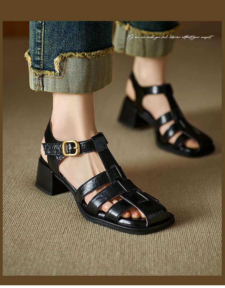 Sandal bít mũi nữ da thật kiểu Pháp cổ điển, gót trung dệt rỗng — Màu nâu, Màu đen, Màu trắng be chi tiết 1
