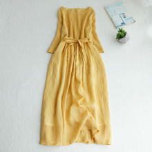 外贸出口法国大牌剪标风琴褶收腰中长款仙气宽松大摆棉麻连衣裙女