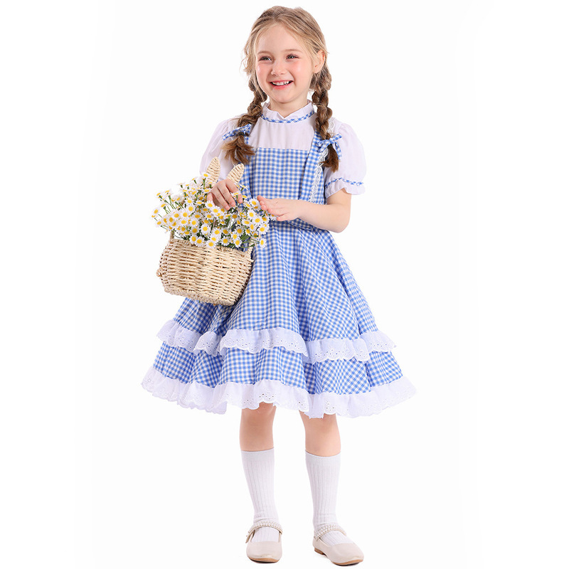 Girls' Blue and White Plaid Role-Playing Dress Halloween Children's Day Fairy Tale Performance Costume Pastoral Style Princess Dress New Product