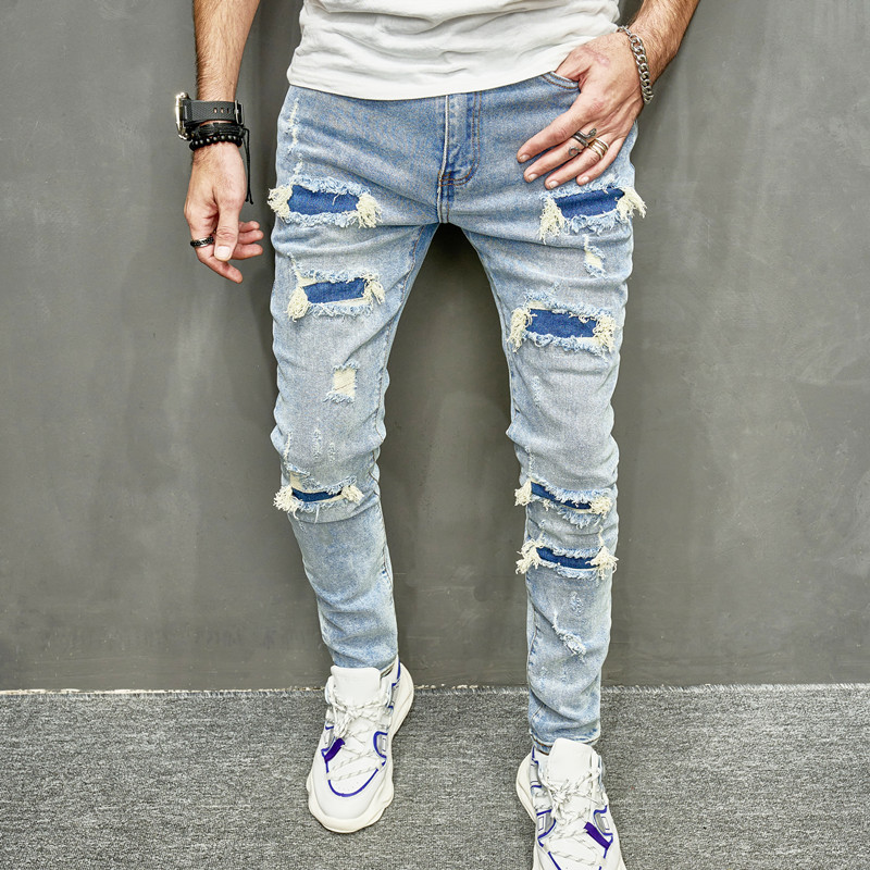 Cross-border foreign trade Denim American high street fashion brand ripped slim fit skinny elastic jeans men's slim fit