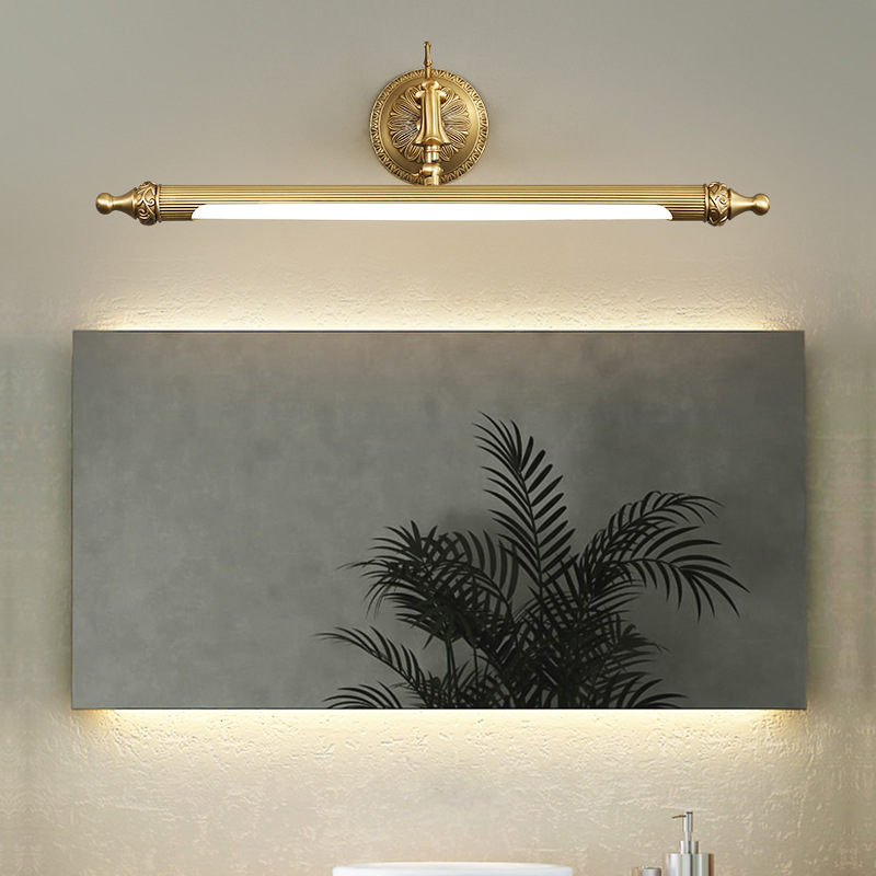 Diseño original nuevo estilo europeo y americano espejo de cobre luz delantera oro baño espejo gabinete anti-niebla simple luz de relleno
