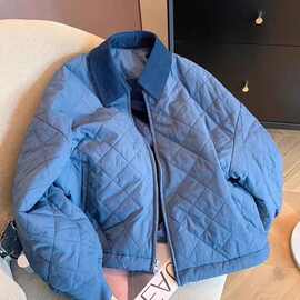 棉衣棉服轻奢款翻领撞色菱格女外套秋冬外套秋冬感小个子宽松