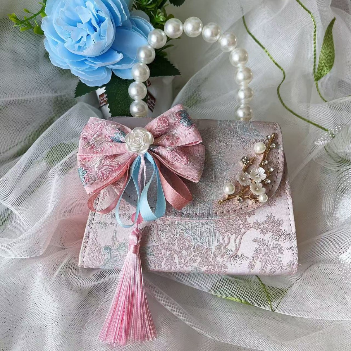 Bolso de princesa de niñas 2025, otoño nueva chica lindos bordillos de encaje mochila bolso de perlas de estilo chino Aisha