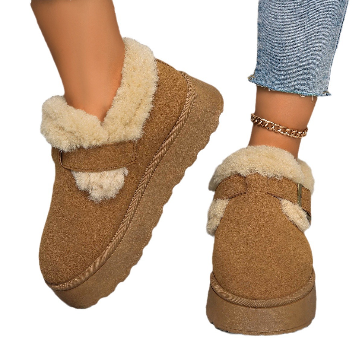 Muffin thick sole woolen shoes winter new wear round head warm and fluffy fashion casual cotton shoes_viptrois.com