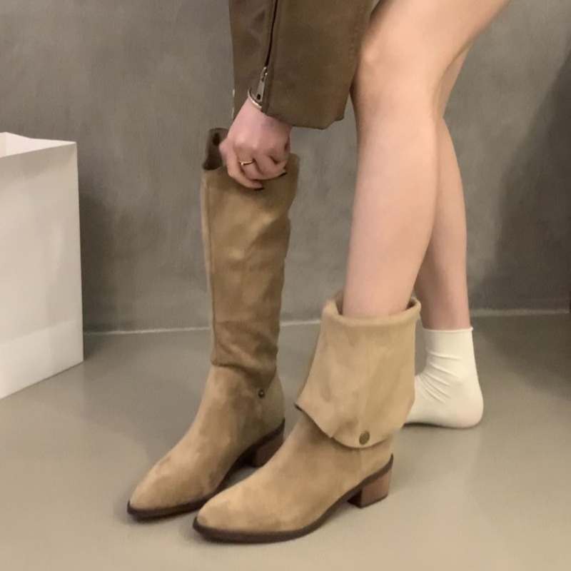 Chunky Heel V-Cut Slim Boots, Coffee-Colored Long Riding Boots for Women, 2026 Spring, Autumn, and Winter Suede Slouchy Mid-Length Boots