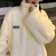 加绒加厚羊羔毛外套2024年新款韩版大码女装宽松羊羔绒卫衣秋冬季