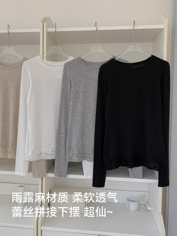 高弹苎麻打底衫女不规则蕾丝下摆绣花内搭修身显瘦圆领外穿上衣|undefined