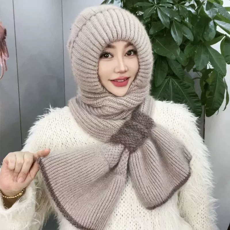 冬季新款毛绒针织帽子围巾一体保暖防风加绒围脖包头抗寒风雪帽