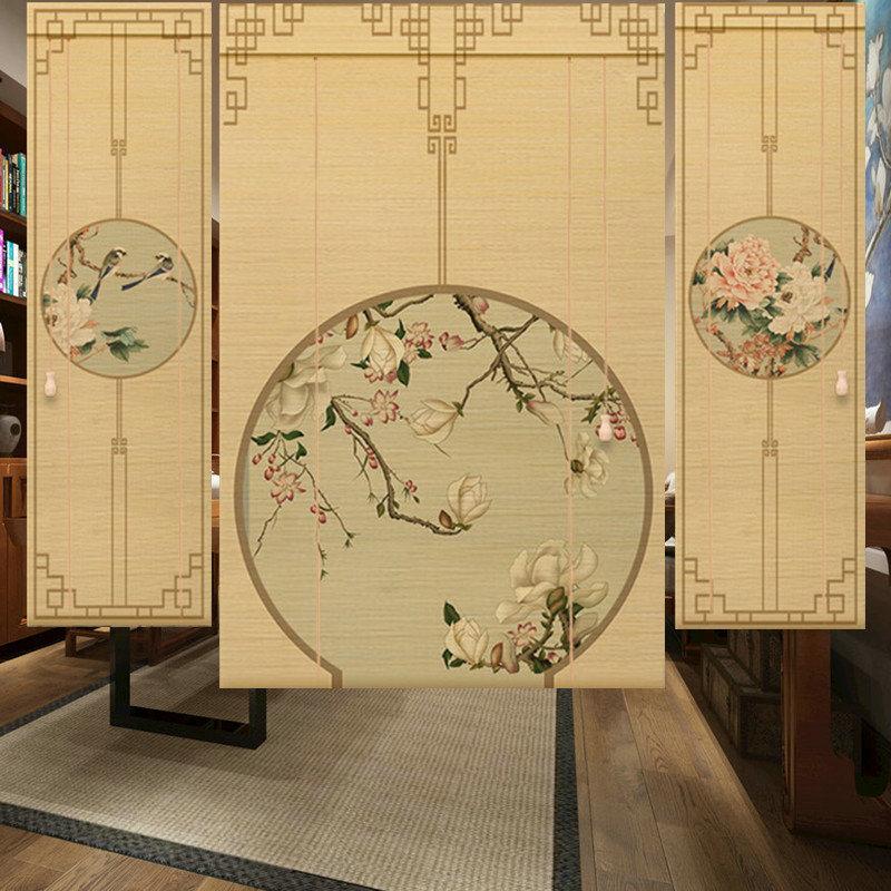 卸売カスタマイズされた中国風のプリント竹カーテンローラーブラインド昇降カーテン吊り絵茶室装飾遮光パーティションローリングドア|undefined