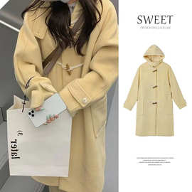 毛呢外套女2025新款黄色牛角扣大衣秋冬季加厚小个子韩系温柔风衣