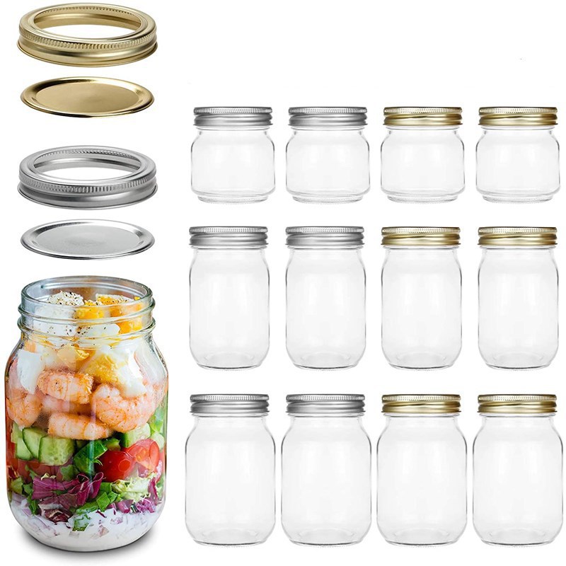 Cross-Border Amazon 16oz Glass Mason Jar Square Fruit Salad Jam Can Bottle Household Sealed Storage Jar