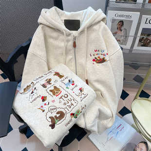 Autumn and Winter All-match Cute Heavy Industry Embroidered Dog Sweater Cardigan Men's Lazy Style Loose Little Hooded Jacket