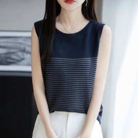 亚麻天丝针织吊带背心女内搭2025新款垂坠干爽圆领无袖简约条纹