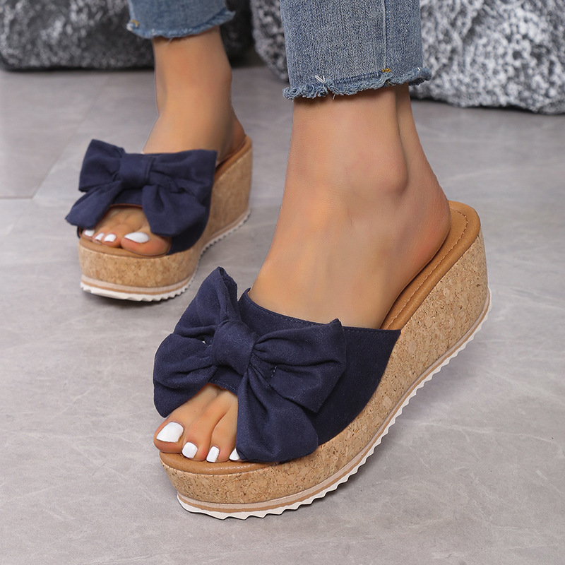 Women's Casual Vacation Solid Color Leopard Bowknot Round Toe Wedge Slippers display picture 10