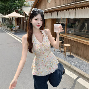 Plus Size Women's Fat mm Sweet Design Halterneck Vest Women's Summer Floral Embroidered Suspender Top