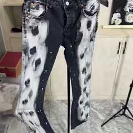 美式复古黑白撞色油漆泼墨牛仔裤男春秋新款时尚涂鸦修身小脚裤潮