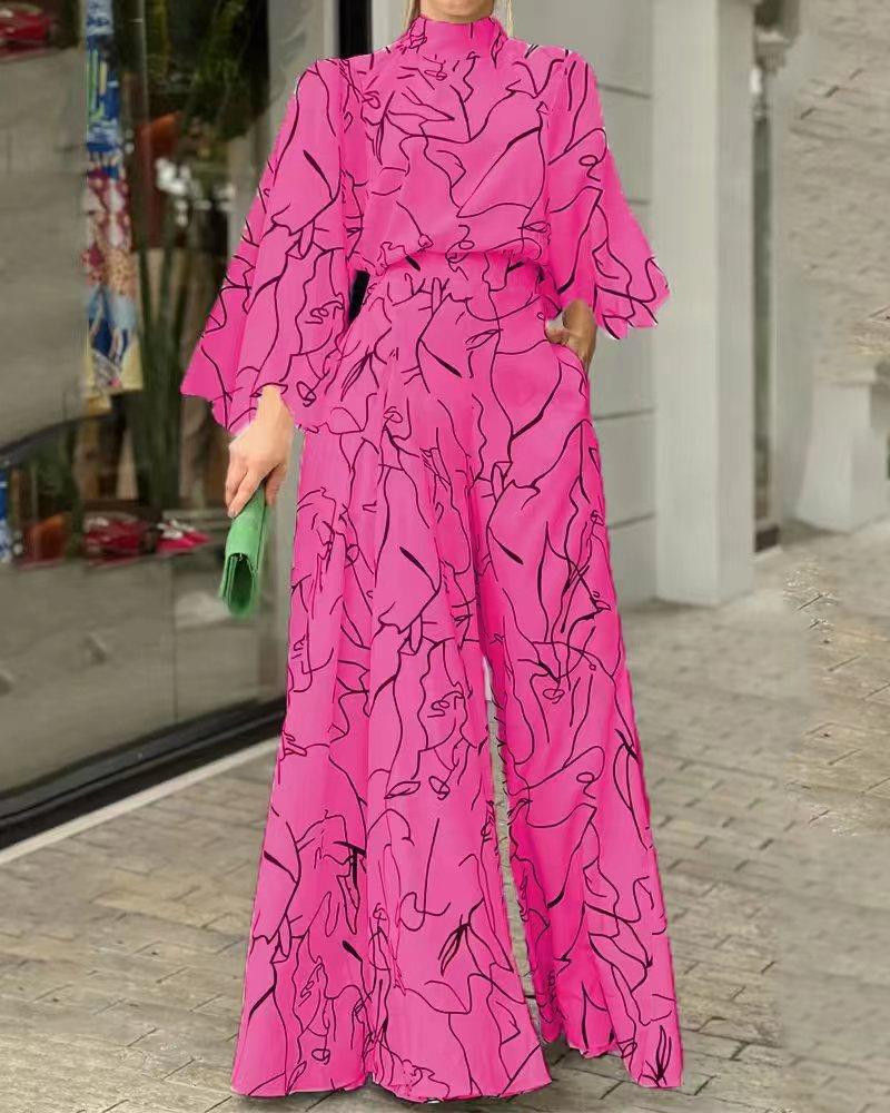 2022 verano europeo y americano ropa de mujer Amazon elegante cintura con cordones de manga larga Halter pantalones impresos mono