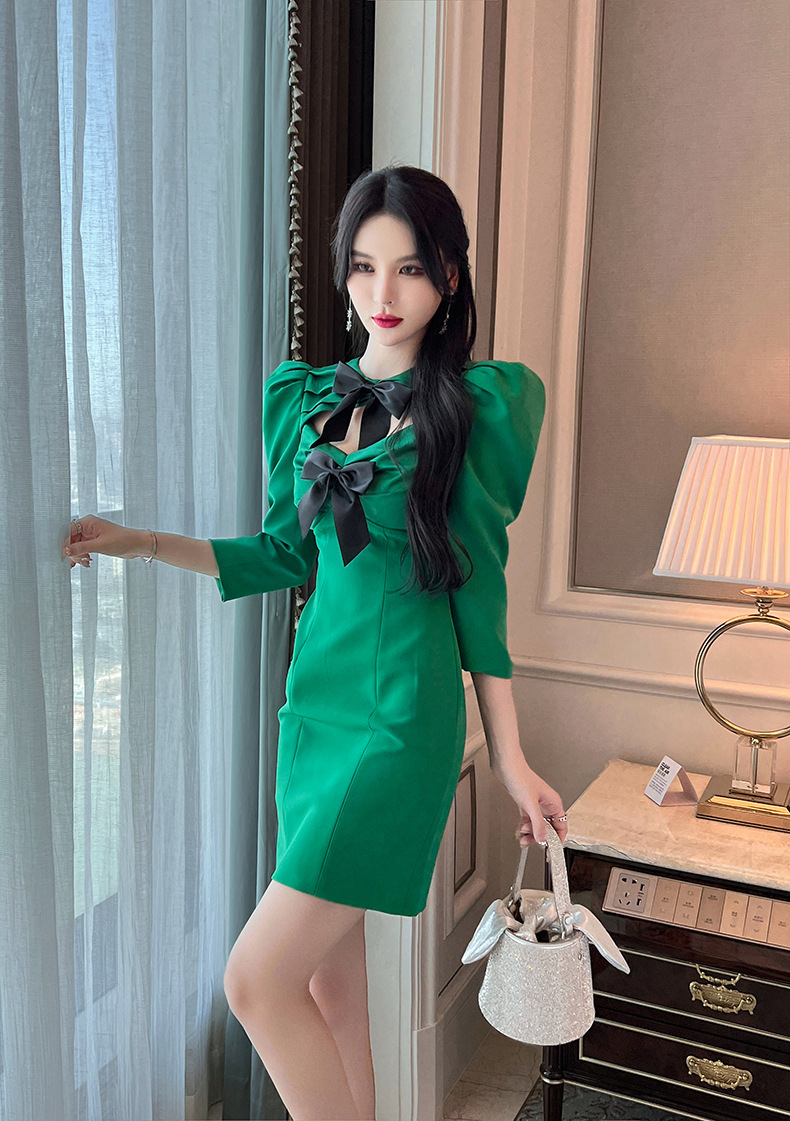Đầm dự tiệc phong cách cung điện tay phồng nơ bản to — Màu xanh lá chi tiết 18