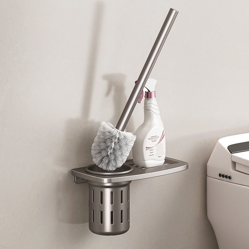 Wall-Mounted Toilet Brush Holder, Toilet Cleaning Brush, Bathroom No-Drill Drainage Space Aluminum Toilet Brush Set