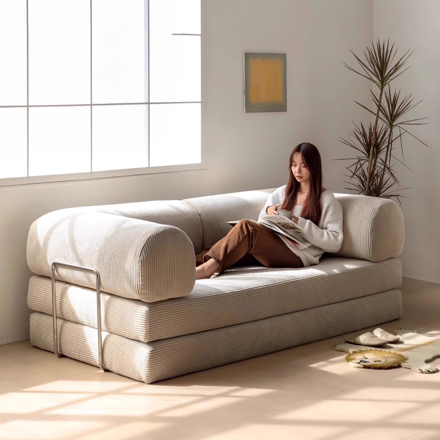 Sofá cama de tela de estilo antiguo francés, apartamento pequeño, sofá de embalaje compresible perezoso de tela de estilo crema