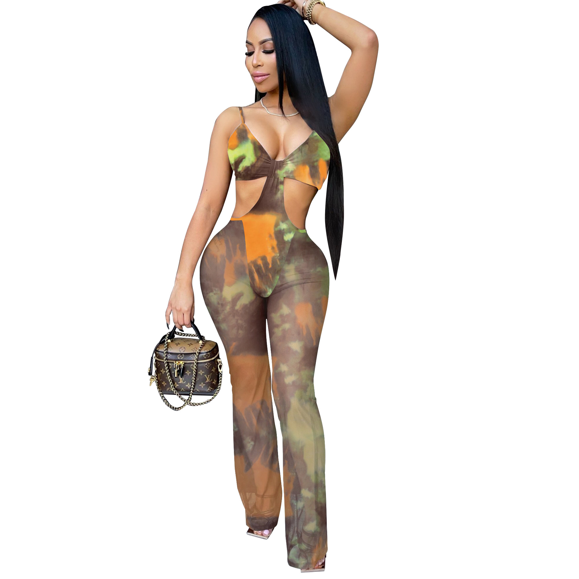 Sexy Sling Deep V Printed Jumpsuit Nihaostyles wholesale clothing vendor NSTYF72887