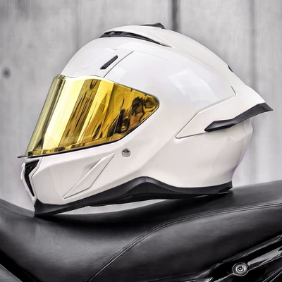 riding, full-face motorcycle helmet, Motosiklet kaskı (dəbilqə) - pearl-white-electroplated-gold-mirror-free-clear-lens-m55-56cm