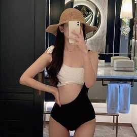 2023春季新款连体泳衣无袖三角连体泳衣图片色带胸垫无钢托女休闲