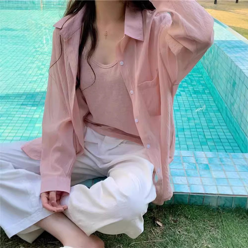 French-style sheer sunscreen blouse for women, summer thin blouse with a sense of elegance, wrinkle-resistant long-sleeved sun protection top jacket