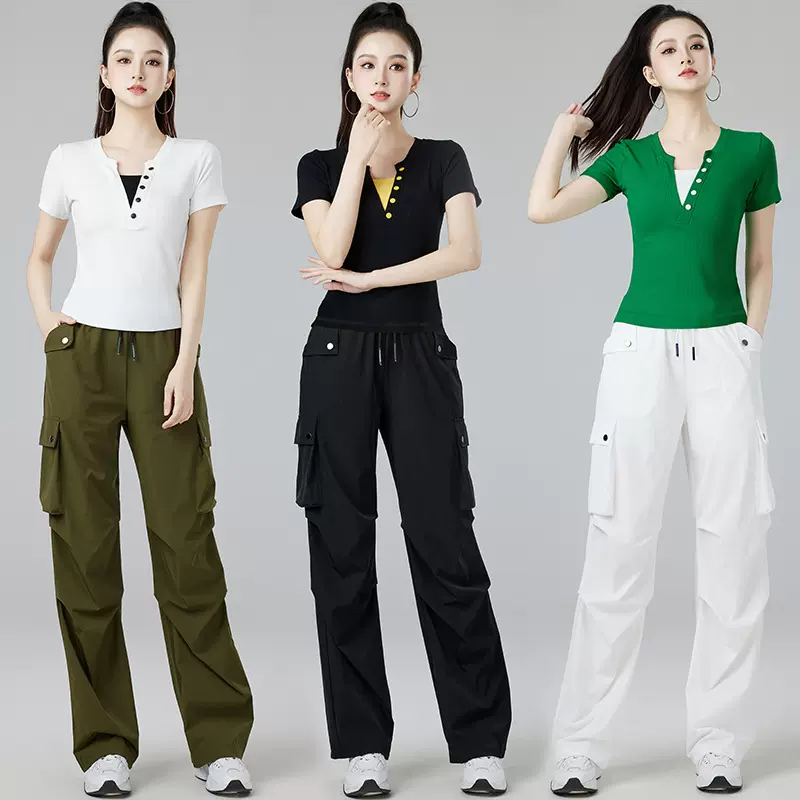 25年春季新款广场舞运动服假两件撞色V领拼接上衣工装裤套装
