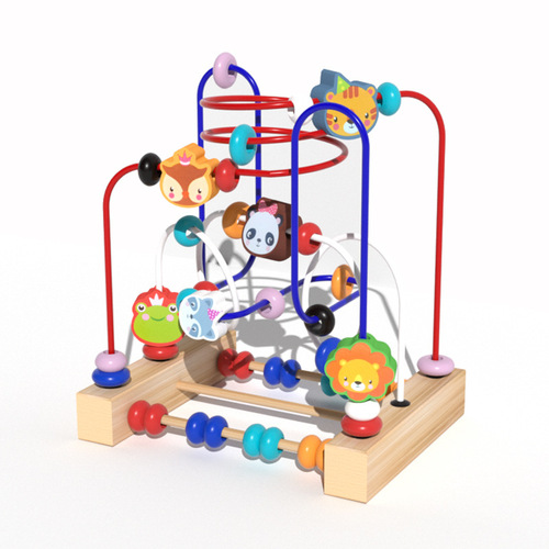 Multifunctional Animal Bead Wooden Three-Track Bead Toy Hand-Eye Coordination Training Early Education Brain Teaser Building Blocks