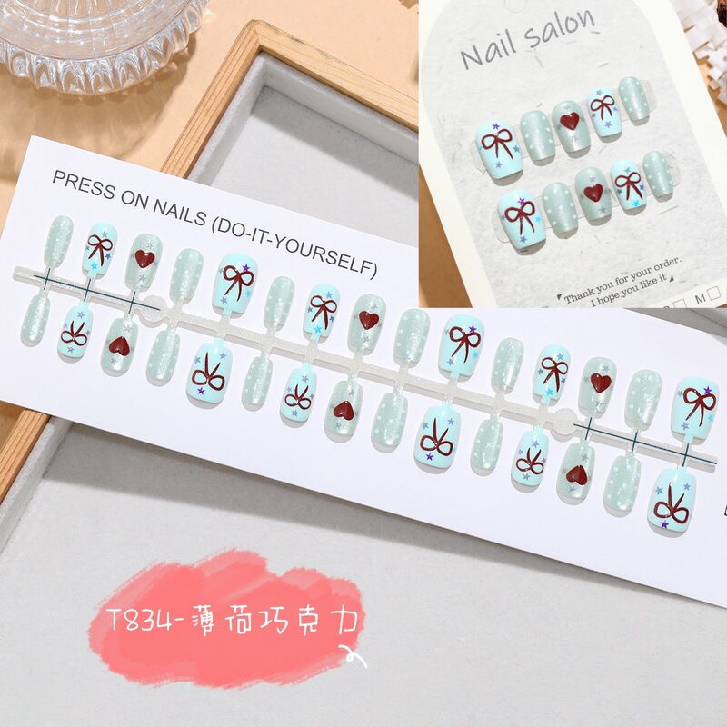 T834 # Mint Chocolate Ultra-Short Glitter Heart Bow Cat Eye Y2K Sweet Girl Nail Art Wearable Nail Stickers.