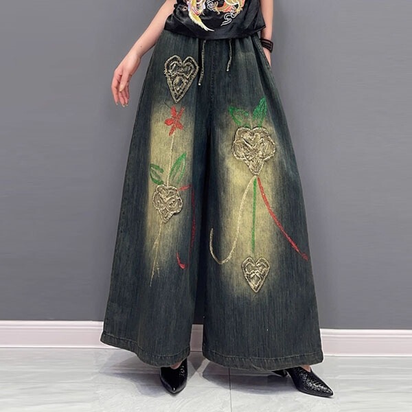 2024 Autumn New Casual Denim Wide-Leg Pants for Women, Slimming Embroidered Floral Elastic Waist Loose Ethnic Style Cropped Pants