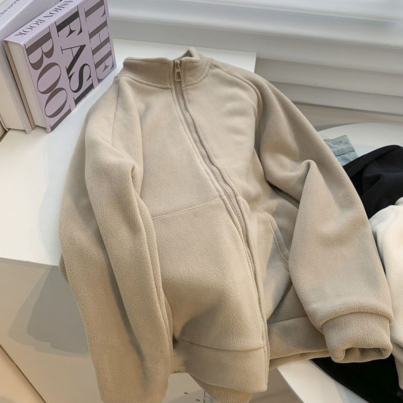 따뜻한 스탠딩 칼라 모조 양모 양면 양털 코트 여성의 가을과 겨울 새로운 느슨한 얇은 기모 두꺼운 스웨터