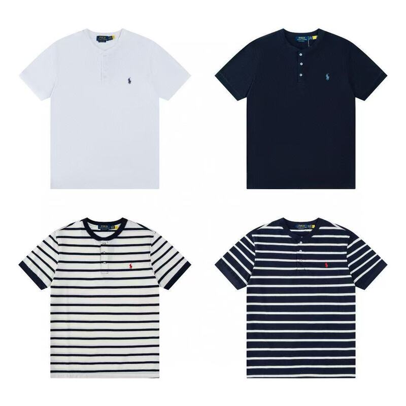 Cross-Border Qr Code Scannable Rl Ralph Lauren Henry Collar Four-Color Stand-Up Collar Open-Front Casual Versatile Loose Short-Sleeve T-Shirt
