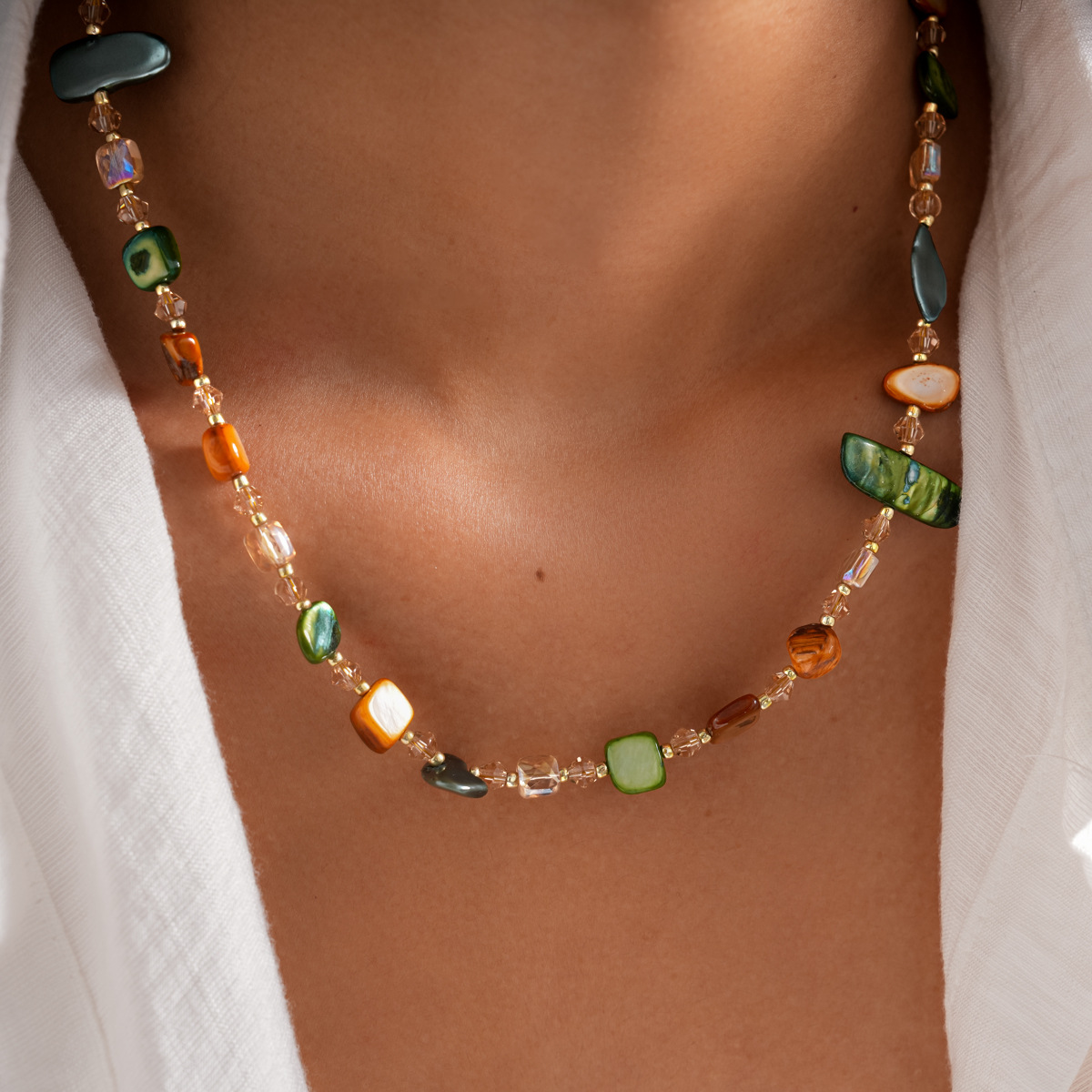European Style Shell Glass Beaded Necklace Versatile Collarbone Chain_voghion.com