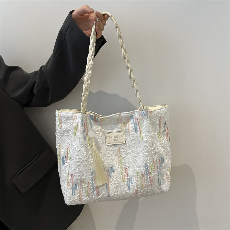 Bolso de gran capacidad para mujeres 2024 verano nuevo bolso de viaje de lona de color contrastante rayas de hombro amplio bolso debajo de la axila